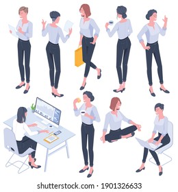 Flat design isometric young women characters poses, gestures and activityes set. Office working, learning, walking, having lunch, shopping, yoga meditating, standing people characters.