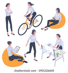 Flat design isometric young women characters poses, gestures and activityes set. Office working, learning, walking, riding bike, bag chair sitting with gadgets, standing people characters.