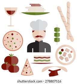 flat design italian cuisine elements and chef