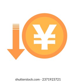 Icono de la caída del Yen japonés de diseño plano. Debilidad del valor del yen japonés. El yen japonés es débil. Vector.