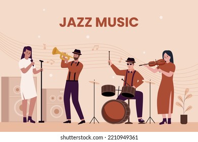 Flat design of jazz band group on stage. Illustration for websites, landing pages, mobile applications, posters and banners. Trendy flat vector illustration