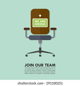 Flat design of job hiring for designer, programmer, or for other profession. Wording We Are Hiring on chair. Vector illustration.