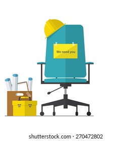 Flat design of job hiring  for engineer, construction builder or labor employment. Wording We Need You on chair. Furniture. Vector. Illustration