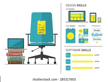 Flat design of job hiring for graphic designer. Wording We Need Designer on chair. Resume and infographic element. Vector Illustration.