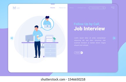 Flat design of job interview by phone call on landing page template, Illustration of online recruitment