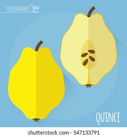 Flat design juicy fresh fruits icon vector template. Raw quince