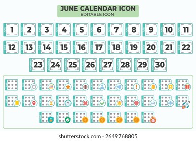Conjunto editável de ícone de calendário de junho de design plano, para lembrete de evento e planejamento de projeto em verde suave