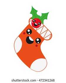 flat design kawaii christmas stocking icon vector illustration