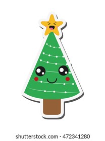 flat design kawaii christmas tree icon vector illustration
