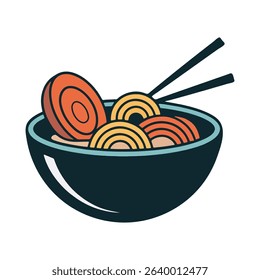 Flat Design Kawaii Ramen Bowl with Noodles and Chopsticks in Cute Minimalist Vector Style