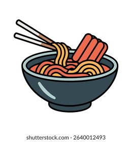 Flat Design Kawaii Ramen Bowl with Noodles and Chopsticks in Cute Minimalist Vector Style