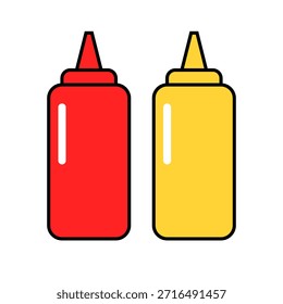 Diseño plano Ketchup y mostaza Squeeze Botella Icon Set. Vector.