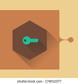 Flat design key icon with long shadow in beige gamut, 10 EPS