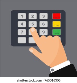 Flat design of keyboard ATM machine with hand. Entered PIN by palm. Using automat terminal. Vector illustration. Isolated.