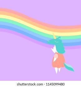 flat design of kid character in unicorn mascot dress, pastel rainbow theme