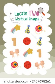 flat design kids locate two identical object worksheet printable for kids fun education learning activity