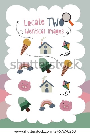 flat design kids locate two identical object worksheet printable for kids fun education learning activity
