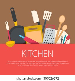 Flat design kitchen concept. Kitchen equipment background. Vector illustration.