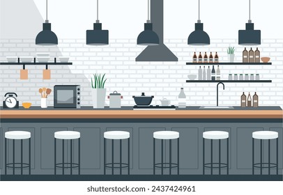 Flat Design of Kitchen in Restaurant with Kitchen Utensils and Customer Chairs
