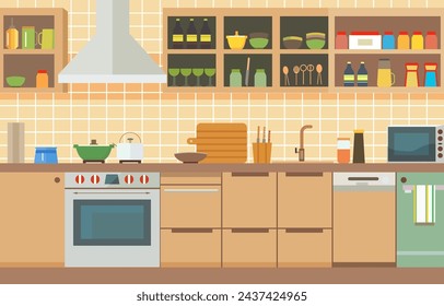 Flat Design of Kitchen in Restaurant with Kitchen Utensils and Storage Shelves