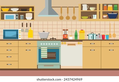 Flat Design of Kitchen in Restaurant with Kitchen Utensils and Storage Shelves