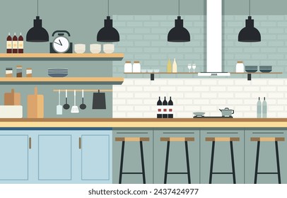Flaches Design der Küche im Restaurant mit Küchenutensilien und Kundenstühlen