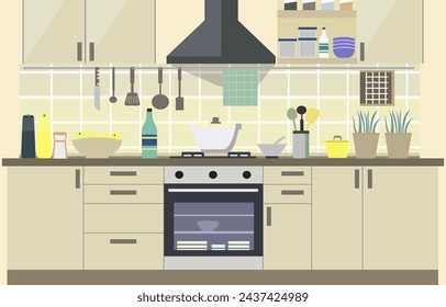 Flat Design of Kitchen in Restaurant with Kitchen Utensils and Storage Shelves