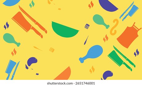 Flat design of kitchen utensils, meat cuts, and dish steam icons in bold colors on a yellow backdrop. A lively cooking tools themed background.