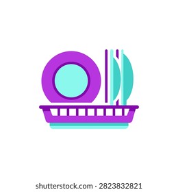 Flat design kitchenware neatly arranged in a drying rack. Ideal for housekeeping or domestic chores themes.