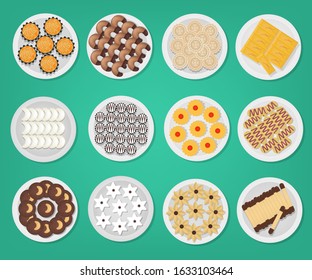 The flat design of Kue Lebaran. It is Indonesian traditional cookies served during the celebration of Eid Mubarak