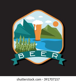 flat design label of beer glass with mountains