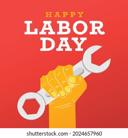 flat design labor day with hand holding wrench suitable for banner, poster, flyer, landing page, background or social media post