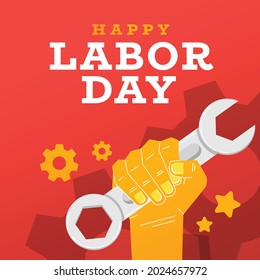 flat design labor day with hand holding wrench suitable for banner, poster, flyer, landing page, background or social media post