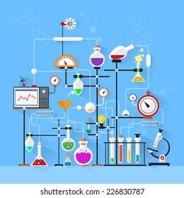  Flaches Design. Laborarbeitsplatz und Arbeitsplatzkonzept.Chemie, Physik, Biologie.Moderne Vektorillustration Illustration.