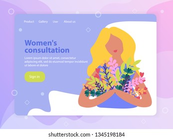 Flat design landing page with girl holding spring flowers bouquet vector illustration