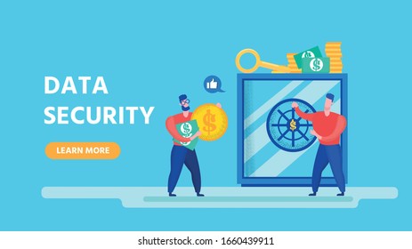 Flat Design Landing Page Offering Data Security. Cartoon Men Characters Saving Money on E-Wallet. Protection for Finance, Information and Document. Confidential Business. Vector Illustration
