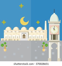 Flat design landmark in daha city illustration vector. Mosque background. Qatar set 