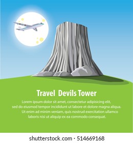  flat design landmark illustration vector cartoon. Travel and Famous Landmarks and beautiful. Devil's Tower Island on america, 
