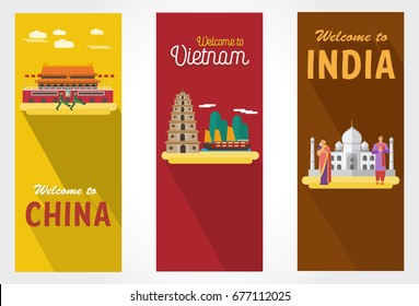 Flat design, landmarks and icons of China, Vietnam and India, Vector Illustration