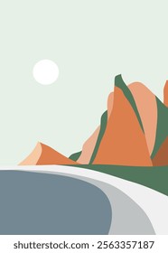 Flat design landscape background with line art, mountains, sea, and hills. creative minimalist modern art print. use for print art, poster, cover, banner