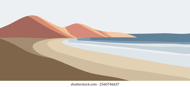 Flat design landscape background with mountains, sea, beach and hills. creative minimalist modern art print. use for print art, poster, cover, banner