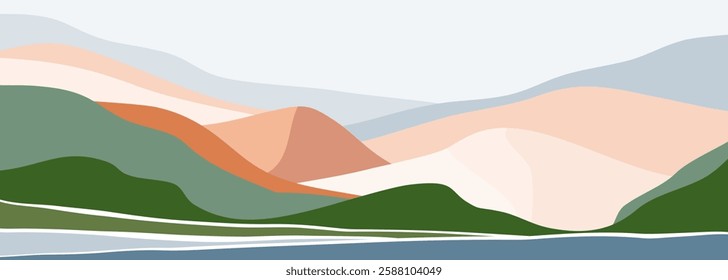 Flat design landscape background with mountains, sea, beach and hills. creative minimalist modern art print. use for print art, poster, cover, banner