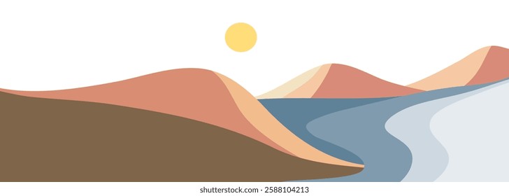 Flat design landscape background with mountains, sea, beach and hills. creative minimalist modern art print. use for print art, poster, cover, banner