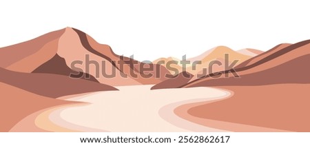 Flat design landscape background with mountains, sea, beach and hills. creative minimalist modern art print. use for print art, poster, cover, banner