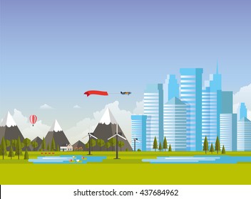 Flat design landscape, and cityscape eco illustration.