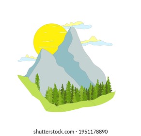 Paisaje de diseño plano, altas montañas azules con bosque verde en primer plano. Poner el sol con nubes azules y amarillas. Ilustración.