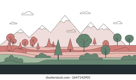 Flat Design Landscape Illustration Background With Mountains Trees And Clouds Moving On Canvas