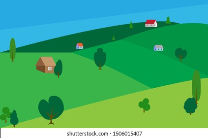 Flat design landscape illustrations with build and trees