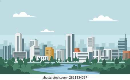 Flat design landscape of a modern city skyline with tall skyscrapers, green trees, and a winding blue river.