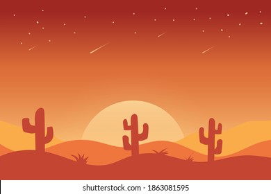 Flat design landscape on desert at sunset
